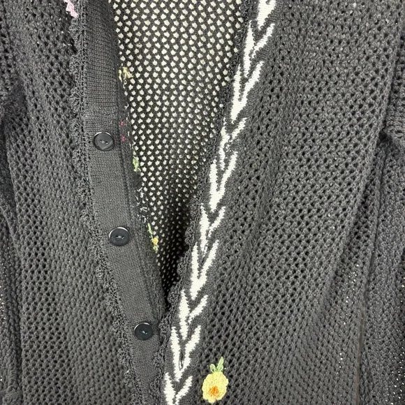 Storybook Knits Vintage Black Cardigan Size L Longline Beaded Floral Open Knit - Picture 15 of 17